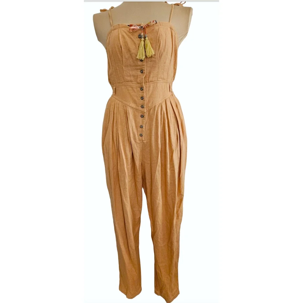 FREE PEOPLE ORANGE ROSALYN BUTTON TASSEL TIE ONE PIECE JUMPSUIT OB877947 SZ 4